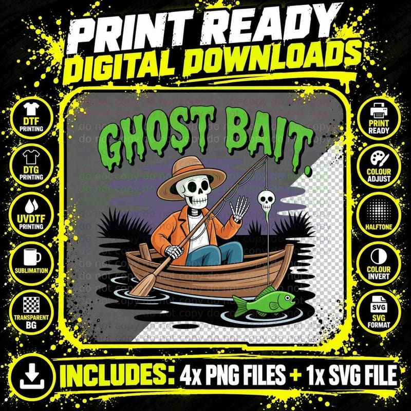 Ghost Bait Halloween T-Shirt, Skeleton Fishing Boat Png SVG Digital Bundle