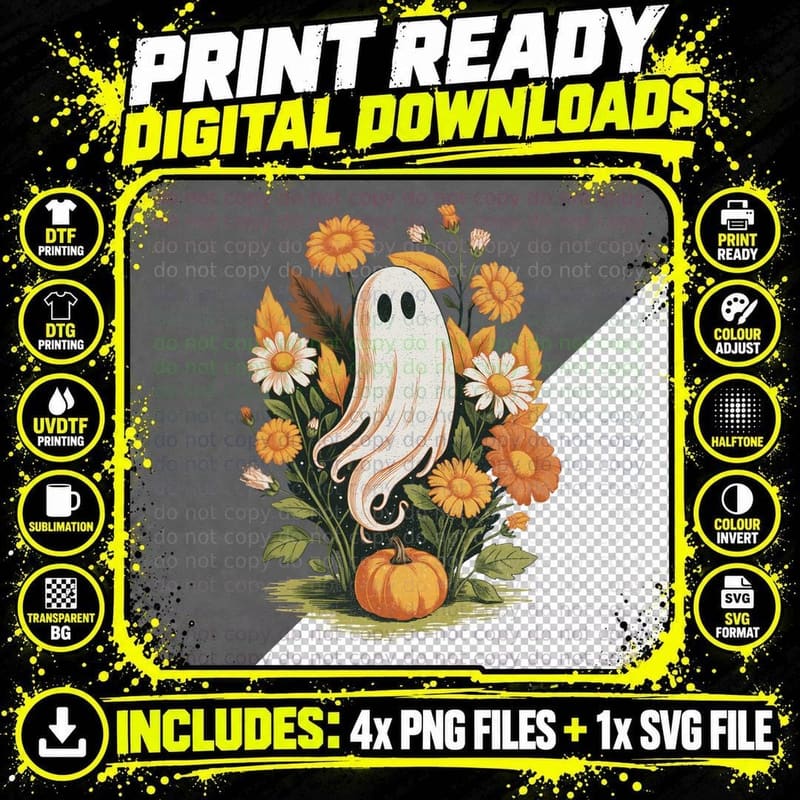 Ghost Bat Bow Daisies Halloween T-Shirt Png SVG Digital Bundle