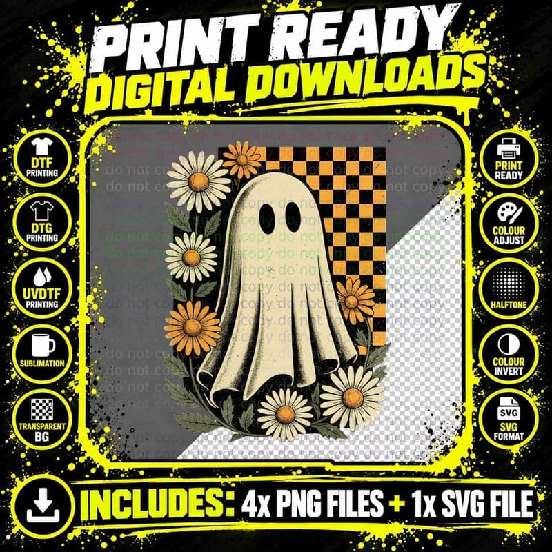 Ghost Daisies Checkered Pattern Halloween T-Shirt Png SVG Digital Bundle