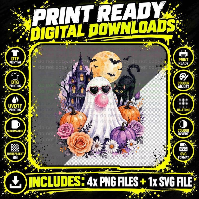 Ghost Heart Glasses Flowers Halloween T-Shirt Png SVG Digital Bundle