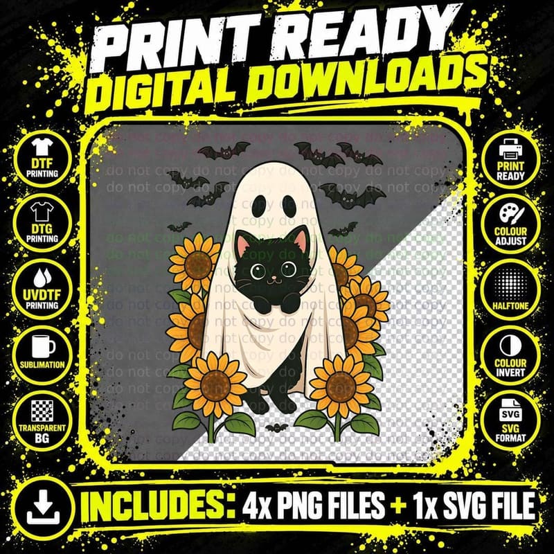 Ghost Holding Black Cat Flowers Halloween T-Shirt Png SVG Digital Bundle
