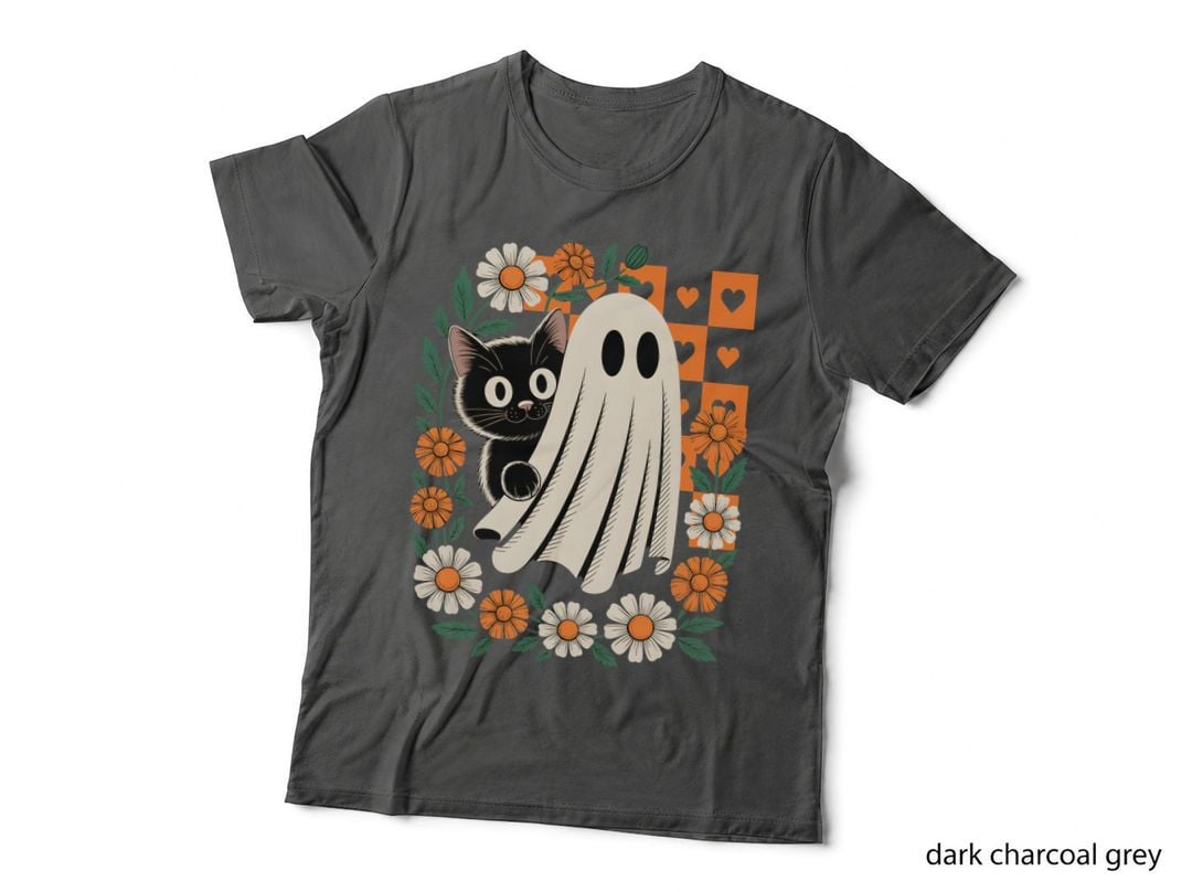 Ghost Holding Black Cat Head Flowers Halloween T-Shirt