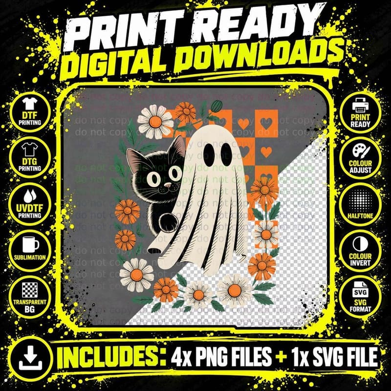 Ghost Holding Black Cat Head Flowers Halloween T-Shirt Png SVG Digital Bundle