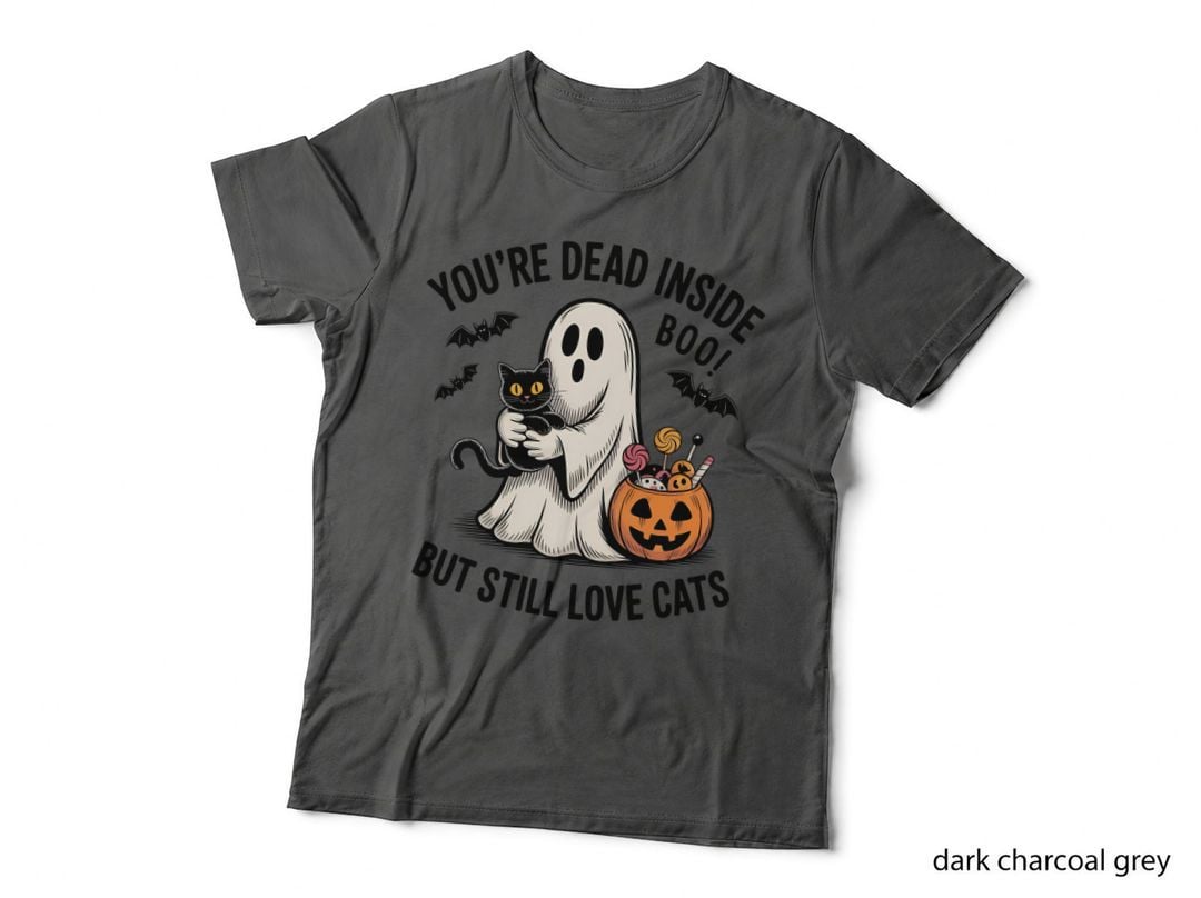 Ghost Holding Cat and Candy Pail Halloween T-Shirt, Spooky Season Graphic Tee