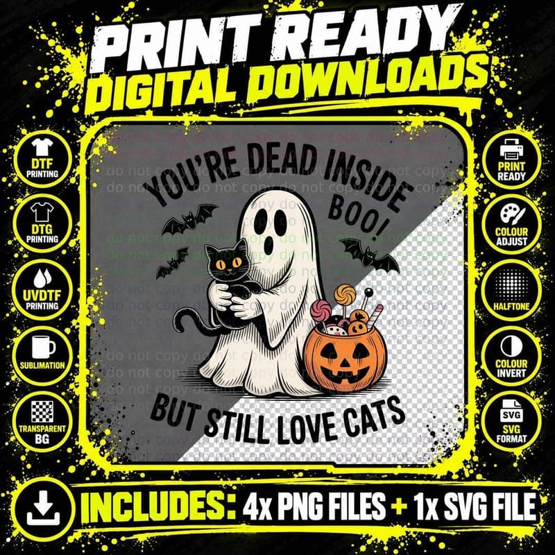 Ghost Holding Cat and Candy Pail Halloween T-Shirt Png SVG Digital Bundle