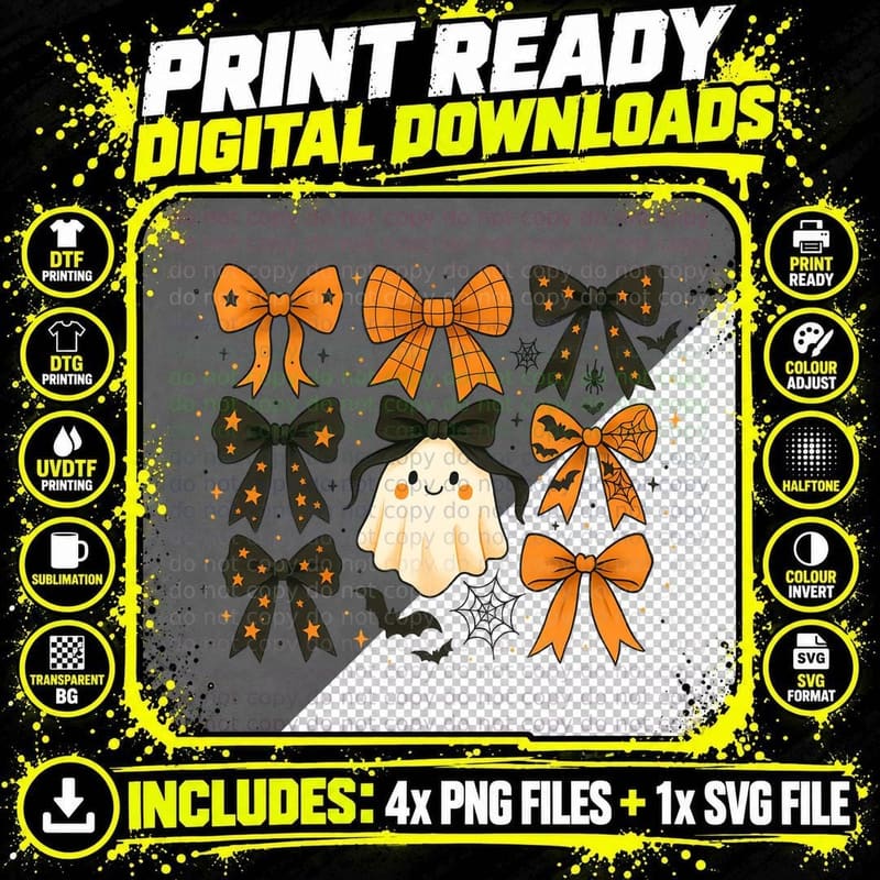 Ghost Holding Decorated Bows Pumpkins Halloween T-Shirt Png SVG Digital Bundle