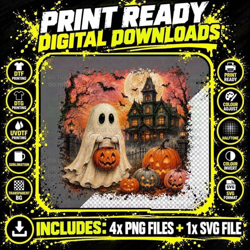 Ghost Holding Haunted House Halloween T-Shirt Png SVG Digital Bundle
