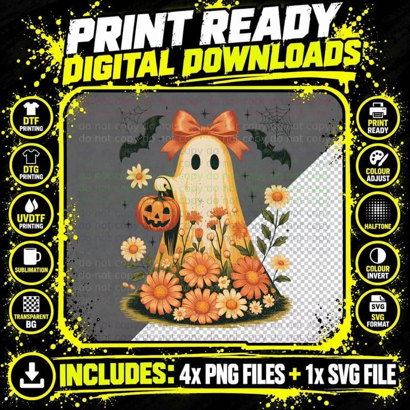 Ghost Holding Pumpkin Checkered Halloween T-Shirt Png SVG Digital Bundle
