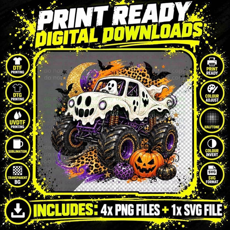 Ghost Monster Truck Halloween T-Shirt Png SVG Digital Bundle