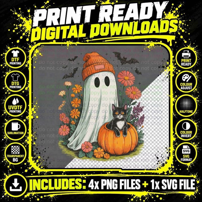 Ghost Orange Beanie Black Cat Pumpkin Halloween T-Shirt Png SVG Digital Bundle