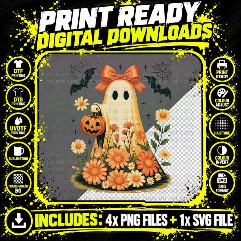Ghost Orange Bow Jack-O-Lantern Flowers Halloween T-Shirt Png SVG Digital Bundle