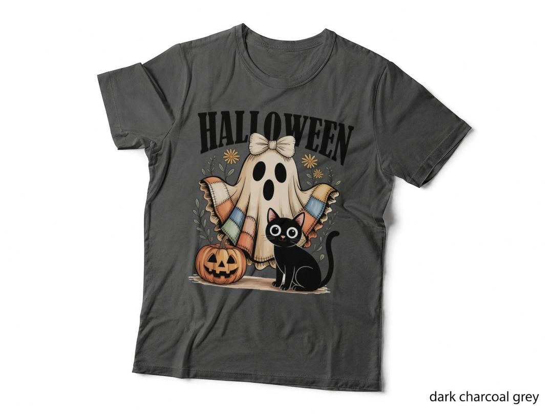 Ghost Patchwork Outfit Cat Halloween T-Shirt, Spooky Season Graphic Tee