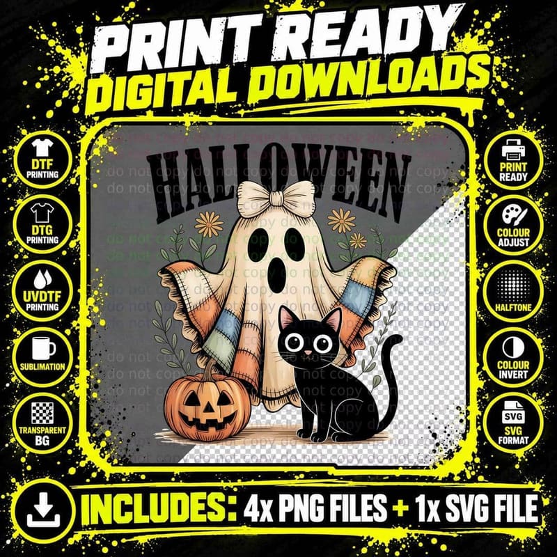 Ghost Patchwork Outfit Cat Halloween T-Shirt Png SVG Digital Bundle