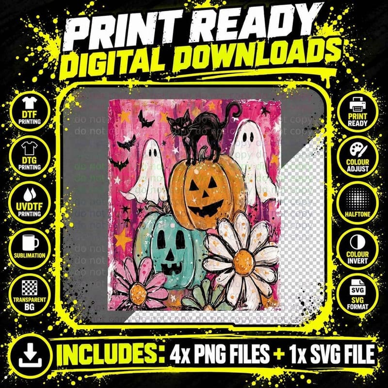 Ghost Pumpkins Flowers Pink Aesthetic Halloween T-Shirt Png SVG Digital Bundle