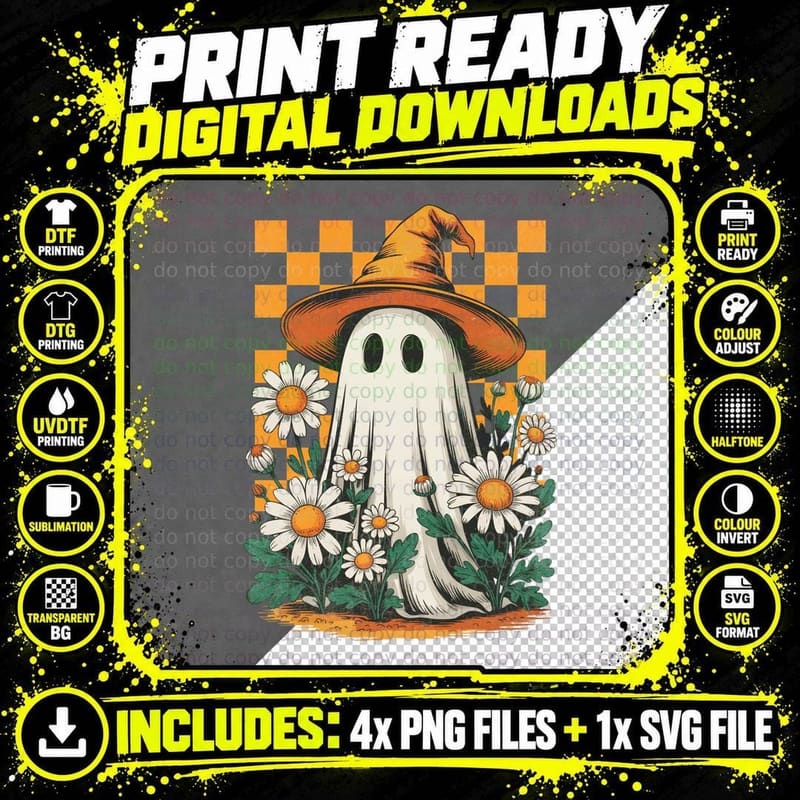 Ghost Witch Hat Daisies Halloween T-Shirt Png SVG Digital Bundle