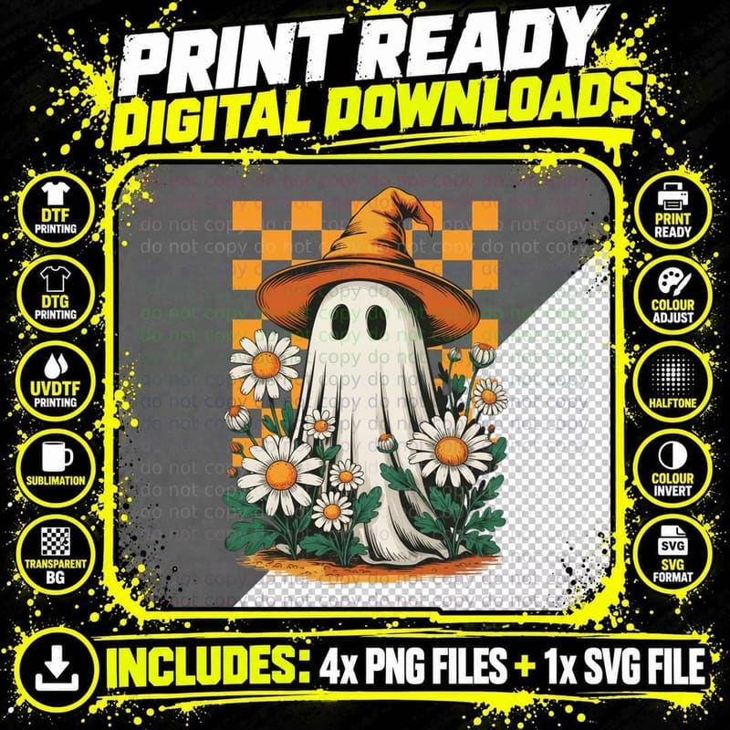 Ghost Witch Hat White Daisies Halloween T-Shirt Png SVG Digital Bundle