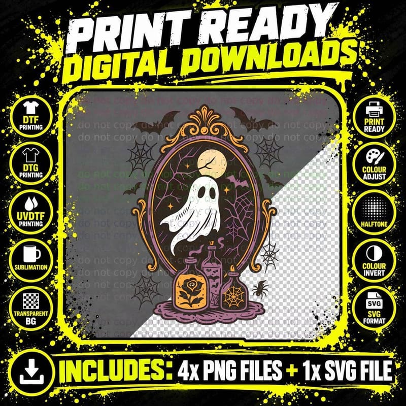 Ghost in Ornate Frame with Potions Halloween T-Shirt Png SVG Digital Bundle