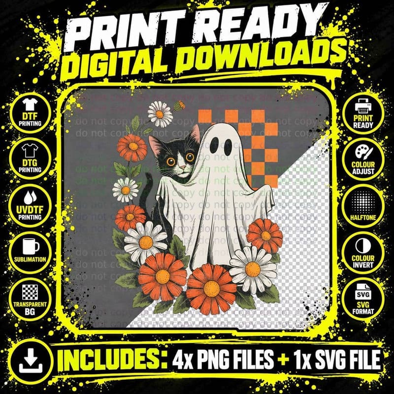 Ghost with Black Cat Autumn Flowers Halloween T-Shirt Png SVG Digital Bundle