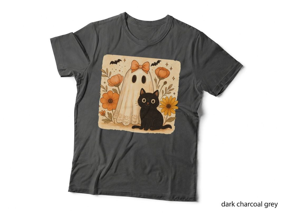Ghost with Black Cat Flowers Halloween T-Shirt, Spooky Season Graphic Tee