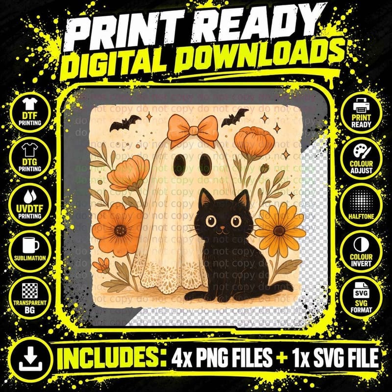 Ghost with Black Cat Flowers Halloween T-Shirt Png SVG Digital Bundle