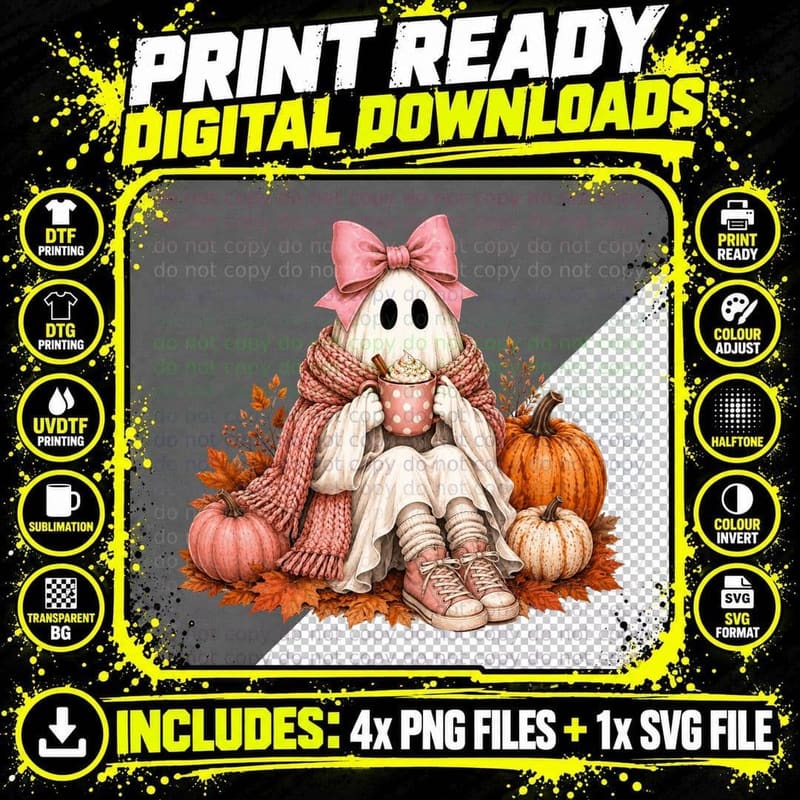 Ghost with Bow Pink Sweater Halloween T-Shirt Png SVG Digital Bundle