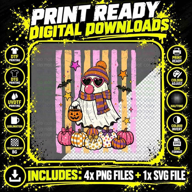 Ghost with Sunglasses and Pumpkins Halloween T-Shirt Png SVG Digital Bundle