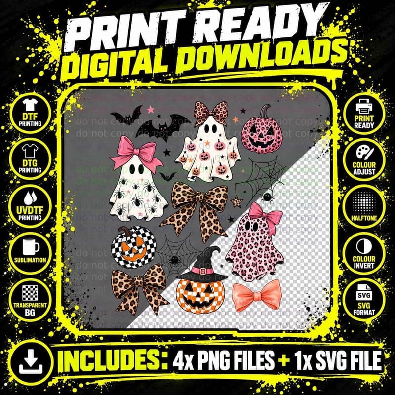 Ghosts Pumpkins Bows Spiders Halloween T-Shirt Png SVG Digital Bundle