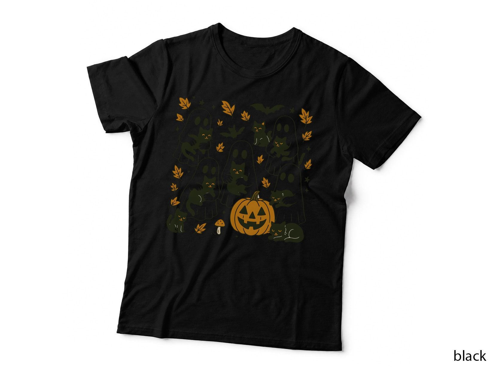 Ghosts with Black Cats and Pumpkin Halloween T-Shirt, Spooky Season Graphic Tee