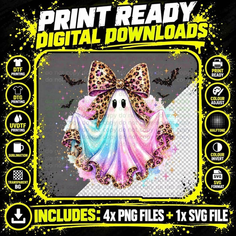 Glittery Ghost Leopard Print Bow Halloween T-Shirt Png SVG Digital Bundle