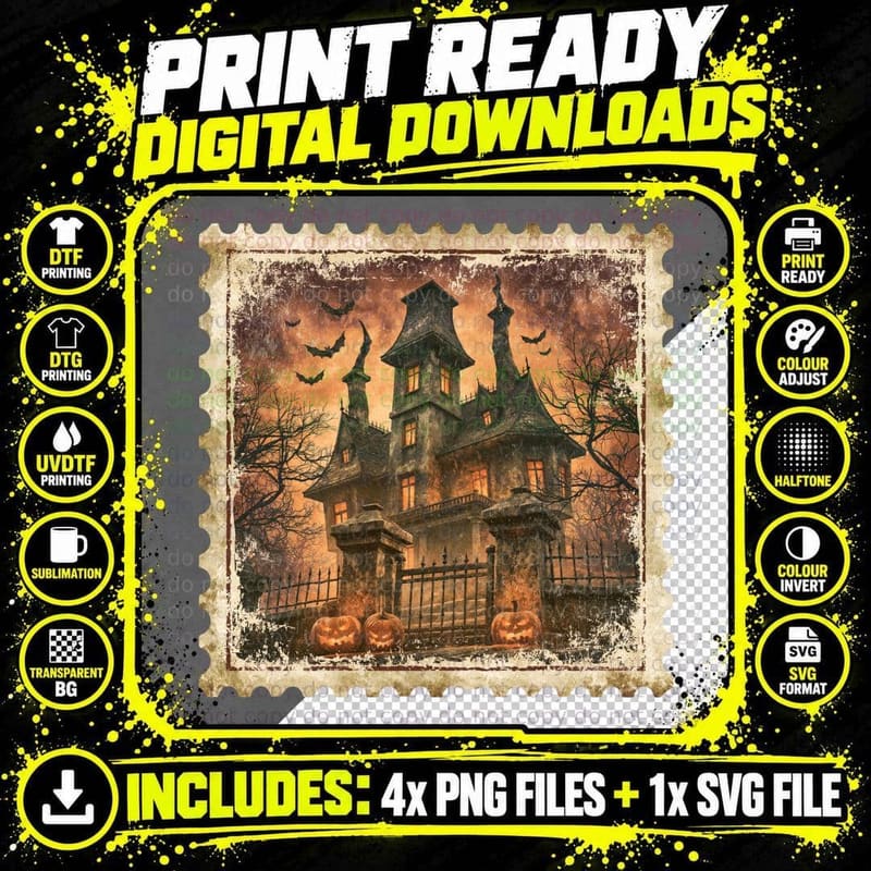 Gothic Mansion Towers Gate Bats Halloween T-Shirt Png SVG Digital Bundle