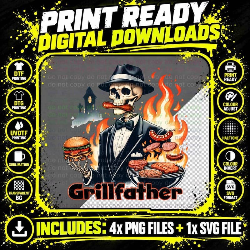 Grillfather Fathers Day T-Shirt, Skeleton Chef Grilling Png SVG Digital Bundle