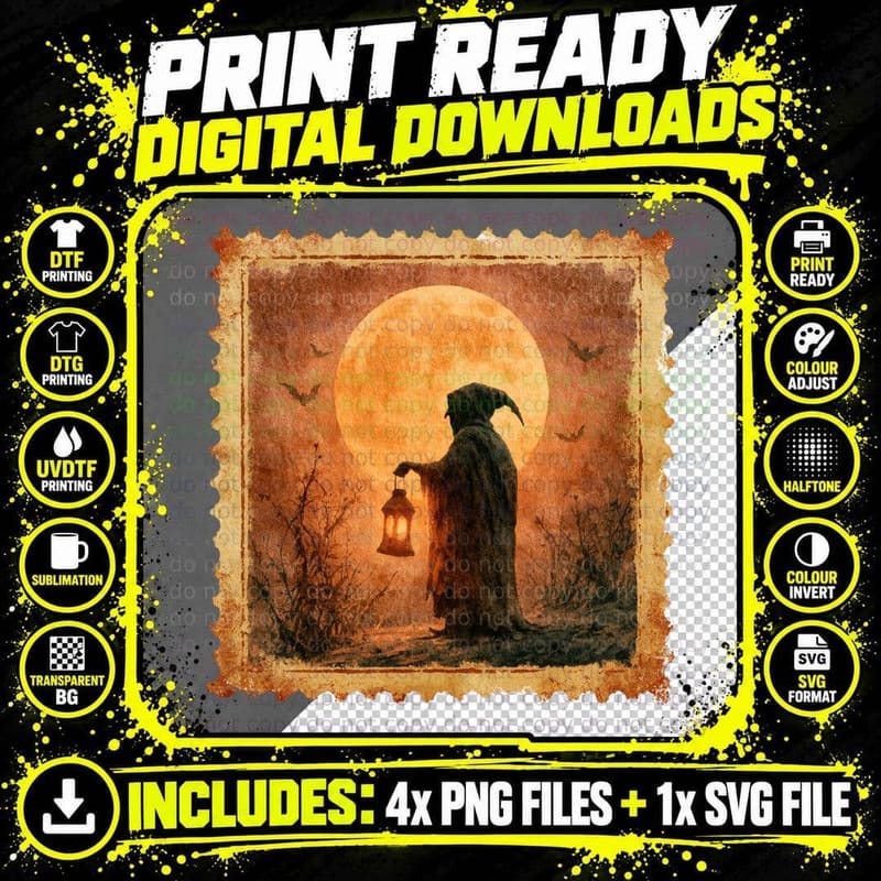 Grim Reaper Holding Lantern Moon Halloween T-Shirt Png SVG Digital Bundle