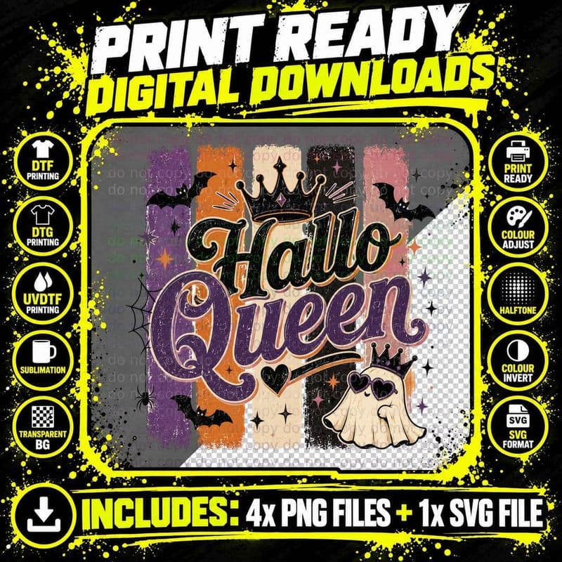 Hallo Queen Halloween T-Shirt, Crown Ghost Bat Castle Png SVG Digital Bundle