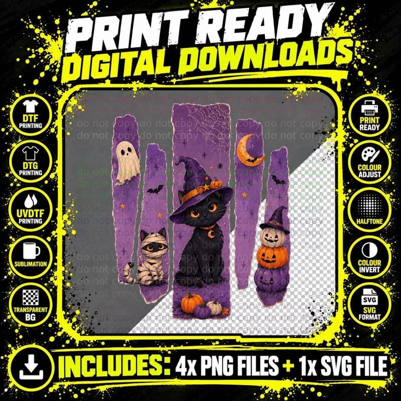Halloween Cats Pumpkins Purple Patchwork Halloween Png SVG Digital Bundle