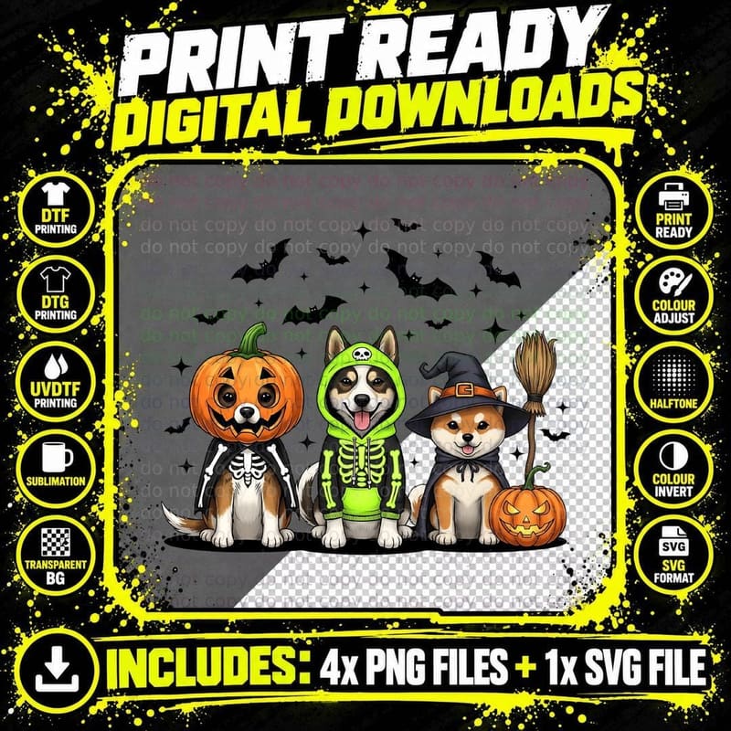 Halloween Dogs in Costumes Funny Halloween T-Shirt Png SVG Digital Bundle