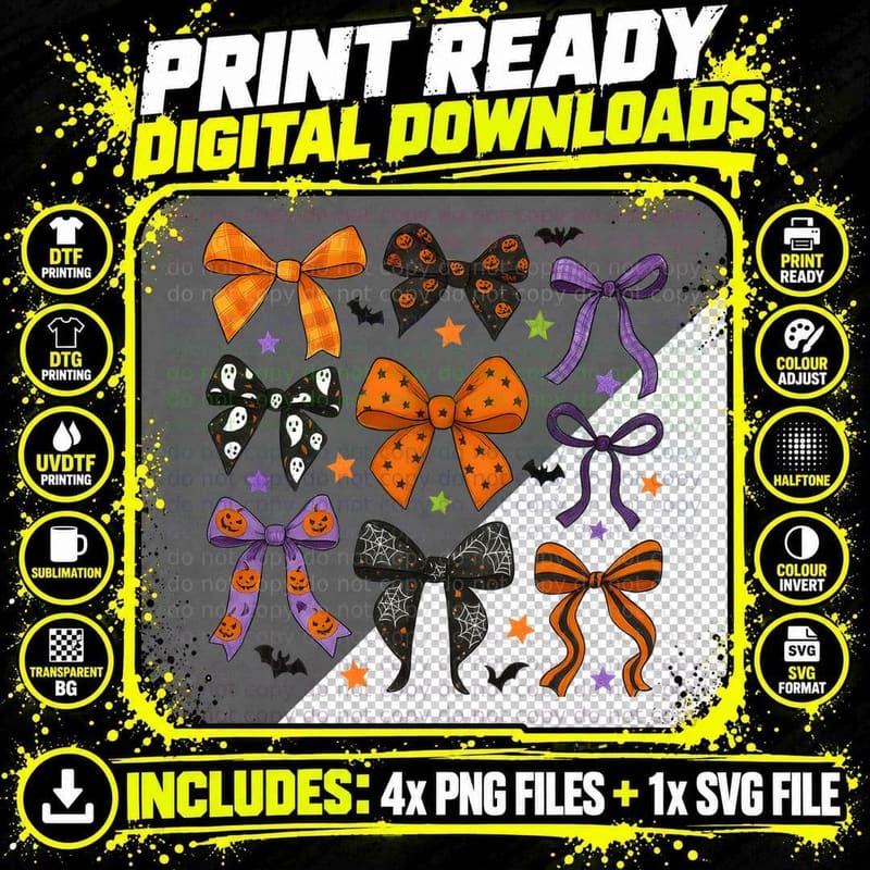 Halloween Patterned Decorative Bows Halloween T-Shirt Png SVG Digital Bundle