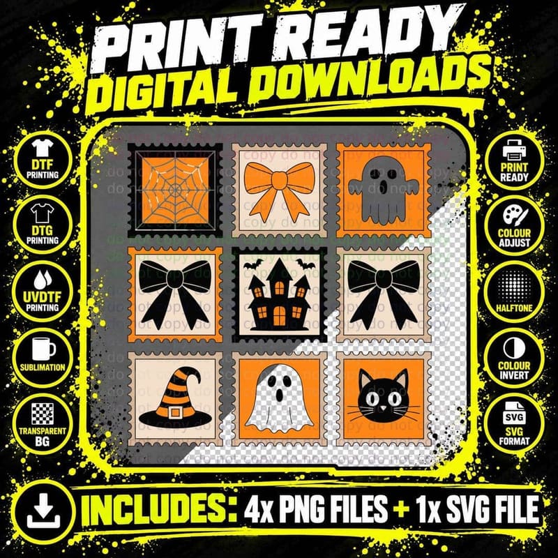 Halloween Postage Stamp Grid Icons Halloween T-Shirt Png SVG Digital Bundle