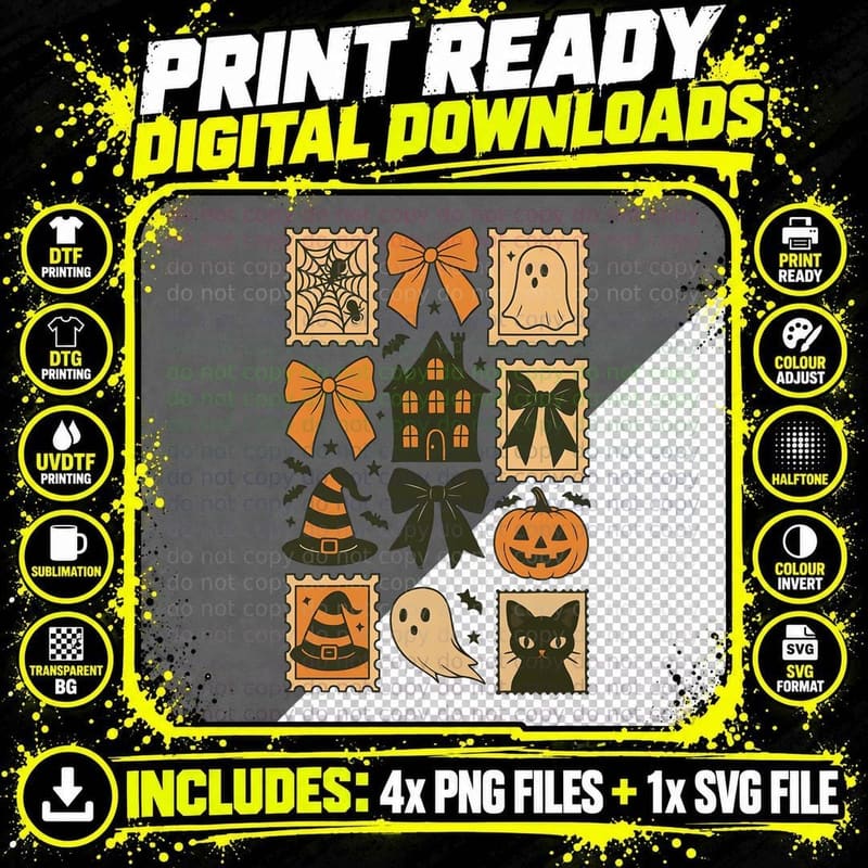 Halloween Postage Stamps Grid Halloween T-Shirt Png SVG Digital Bundle