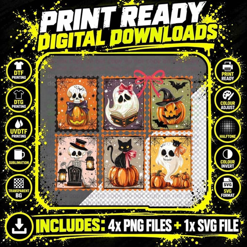 Halloween Postcard Stamp Grid Halloween T-Shirt Png SVG Digital Bundle