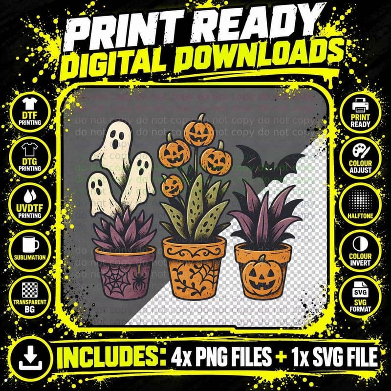 Halloween Potted Plants and Jack-O-Lanterns Halloween Png SVG Digital Bundle