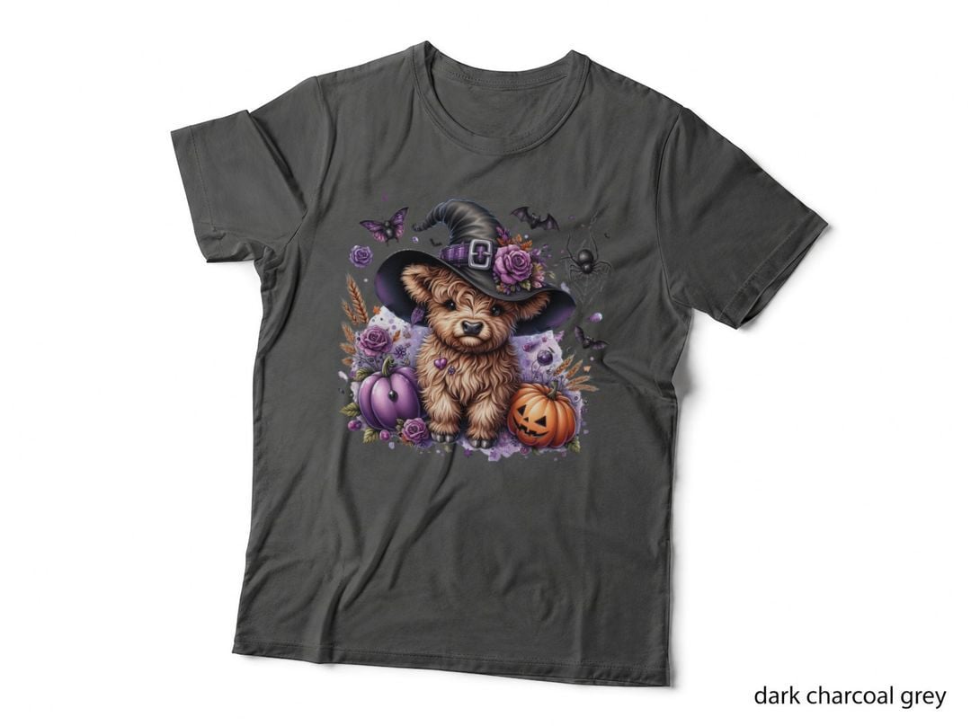 Halloween Puppy in Witch Hat with Pumpkins Highland Cow T-Shirt