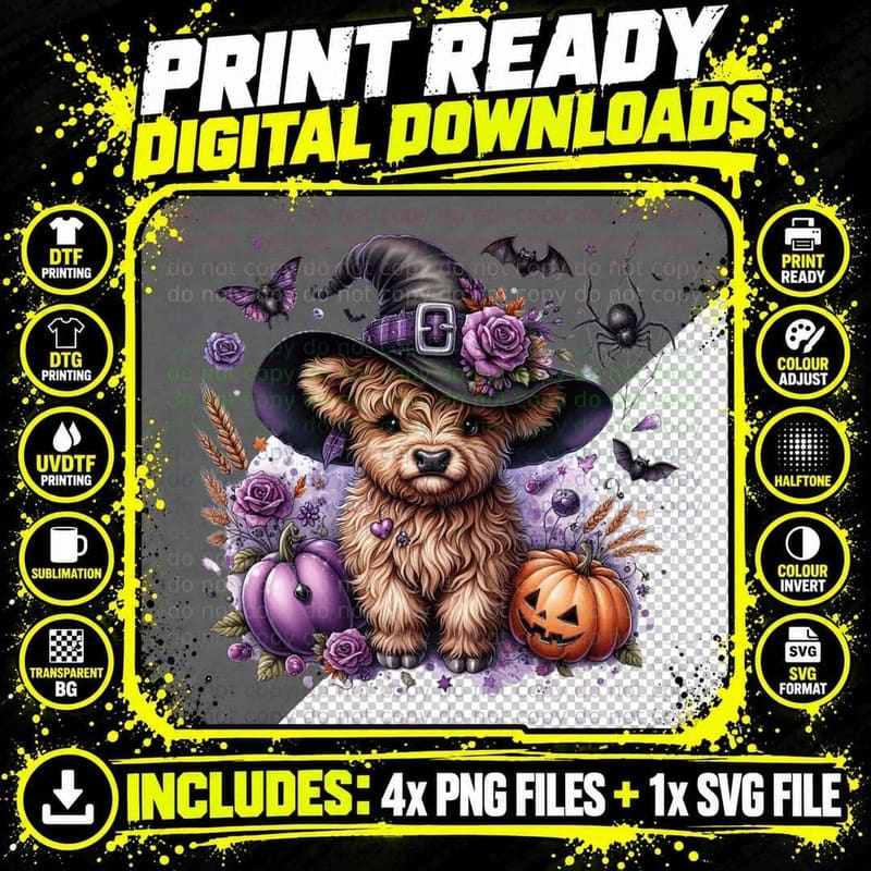 Halloween Puppy in Witch Hat with Pumpkins Highland Cow Png SVG Digital Bundle