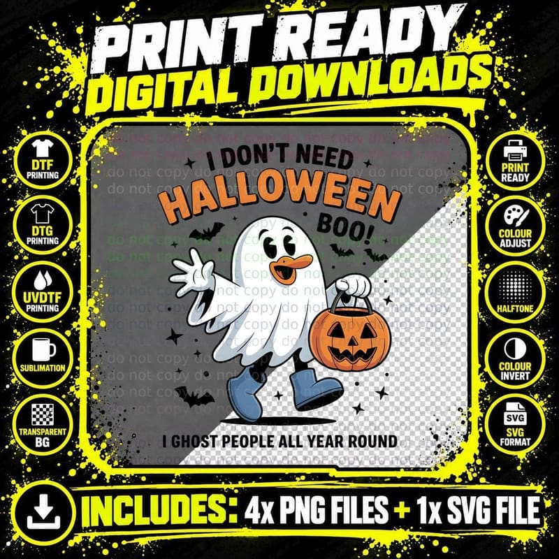 Halloween T-Shirt, Smiling Ghost Holding Candy Bucket Png SVG Digital Bundle