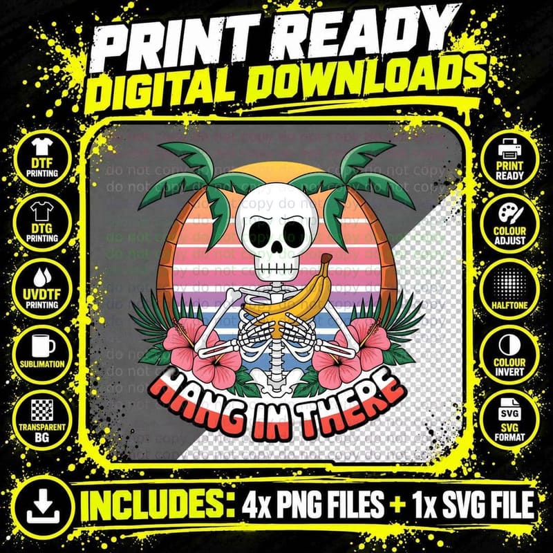 Hang in There Funny Skull T-Shirt, Tropical Skeleton Png SVG Digital Bundle