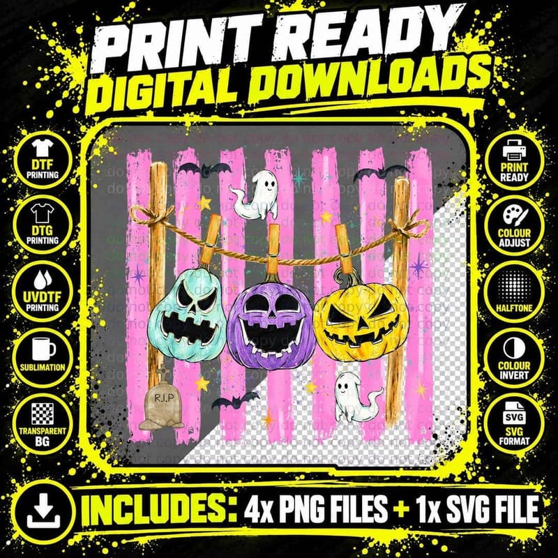 Hanging Pumpkins with Pink Fence Halloween T-Shirt Png SVG Digital Bundle