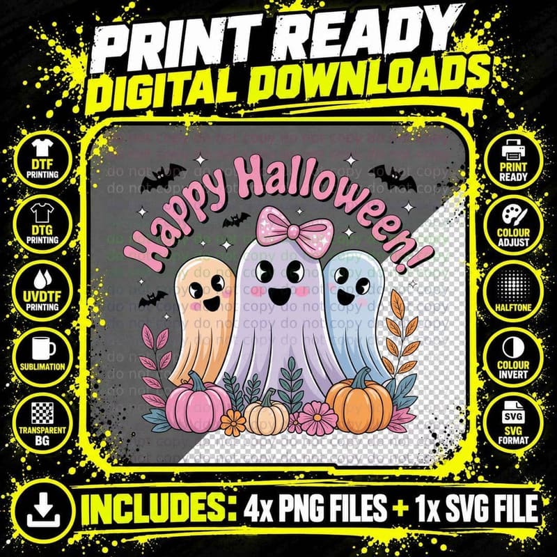 Happy Halloween T-Shirt, Three Cute Cheerful Smiling Png SVG Digital Bundle