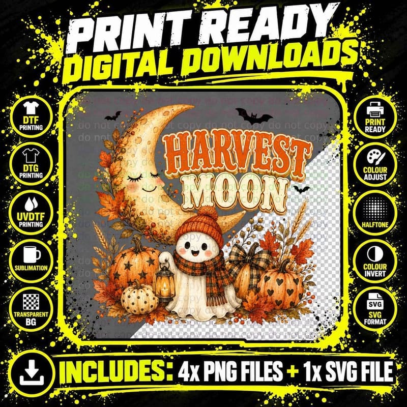 Harvest Moon Halloween T-Shirt, Crescent Moon Ghost Png SVG Digital Bundle