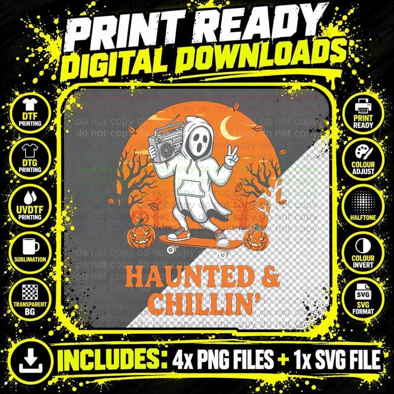 Haunted & Chillin' Funny Halloween T-Shirt Png SVG Digital Bundle