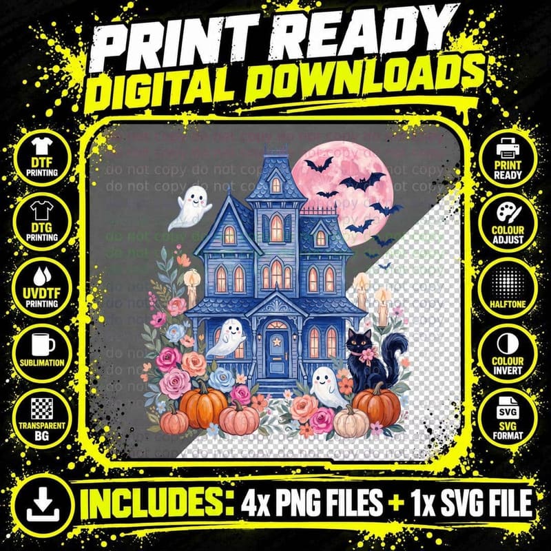 Haunted House Ghosts Moon Halloween T-Shirt Png SVG Digital Bundle