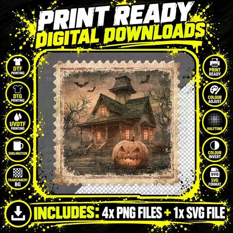 Haunted House Lit Windows Pumpkins Halloween T-Shirt Png SVG Digital Bundle